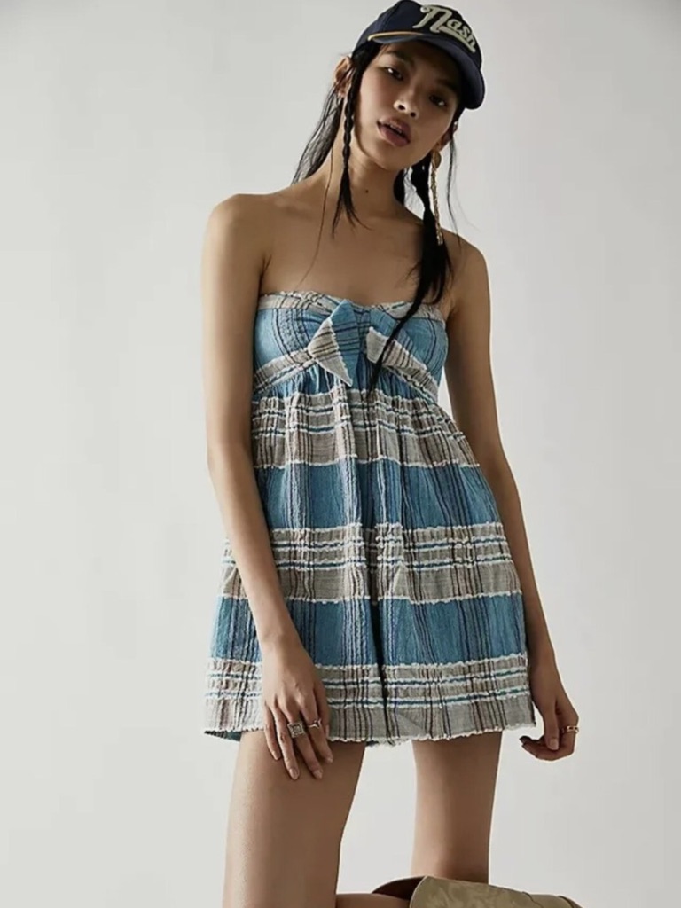 Free People Barbara Strapless Blue & Cream Plaid Babydoll Romper